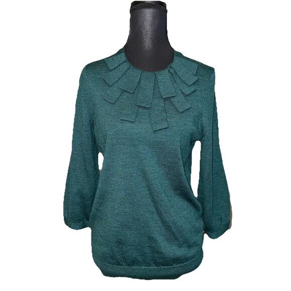 Ann Taylor Size Medium Green Sweater Ribbon Neck 3/4‎ Sleeve Knit Top Pullover - Picture 1 of 7